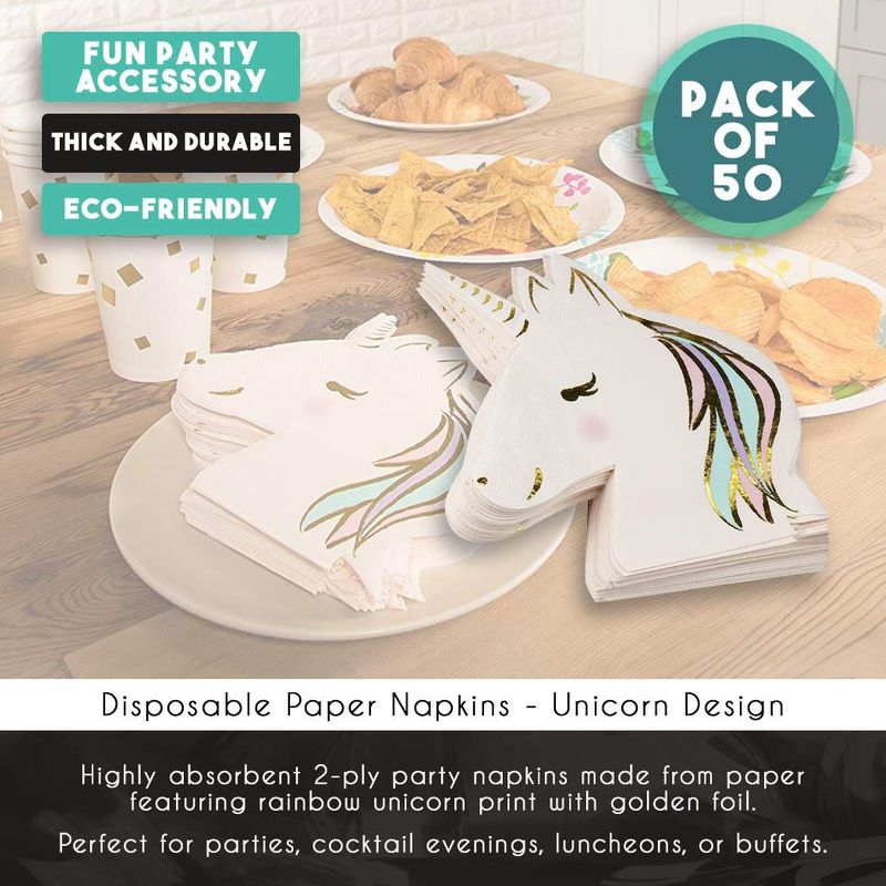 Blue Panda Cocktail Napkins - 50-Pack Luncheon Napkins Disposable Paper Napkins Birthday Party Supplies 3-Ply Unicorn Die-Cut Shaped Design with Gold Foil Folded 6.5 x 6.3 Inches