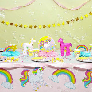 Blue Panda Unicorn Rainbow Party Supplies- 3 Pack Disposable Plastic Rectangular Tablecloths Kids Birthday, Table Cover Decorations in Pink White, 54 x 108 inches