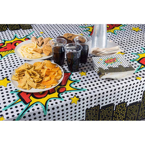 Comic Book Plastic Tablecloth for Hero Kids Birthday Party (54 x 108 in, 3 Pack)