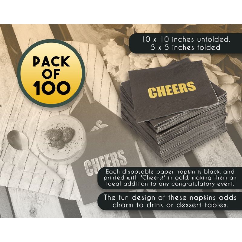Cheers Party Supplies, Black Paper Napkins (5 x 5 In, Gold Foil, 100 Pack)