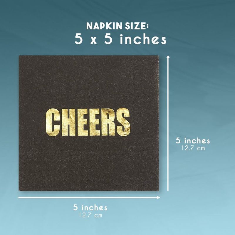 Cheers Party Supplies, Black Paper Napkins (5 x 5 In, Gold Foil, 50 Pack)