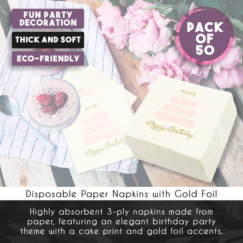 100 Pack Happy Birthday Napkins, 3-ply Gold Foil Disposable Cocktail Paper  Napkins, Folded 5 x 5 Inches, Pink and White Cake Design
