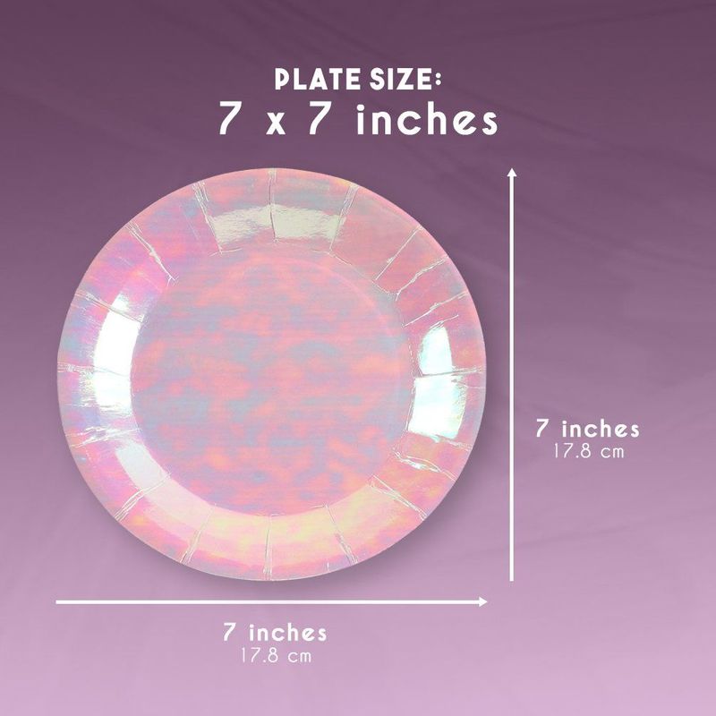 Disposable Plates - 48-Pack Paper Plates Party Supplies for Appetizer, Lunch, Dinner, and Dessert, Kids Birthday Party Favors, Pink Holographic, 7 x 7 Inches