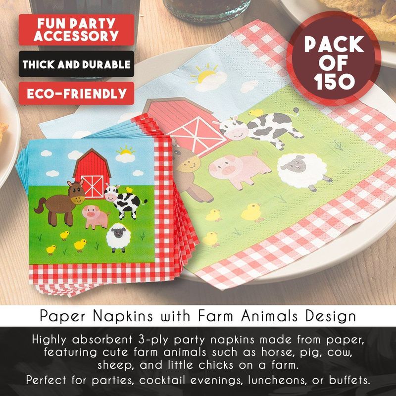 Cocktail Napkins - 150-Pack Luncheon Napkins, Disposable Paper Napkins Farm Animals Party Supplies for Kids Birthdays, 2-Ply, Unfolded 13 x 13 inches, Folded 6.5 x 6.5 inches