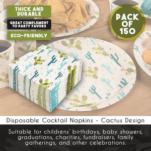 Cocktail Napkins - 150-Pack Luncheon Napkins, Disposable Paper Napkins Cactus Party Supplies for Kids Birthdays, 2-Ply, Unfolded 13 x 13 inches, Folded 6.5 x 6.5 inches