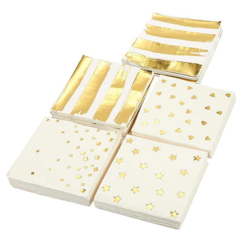 Gold Cocktail Napkins, Paper Party Napkins in 5 Designs (5 x 5 Inches, 100 Pack)