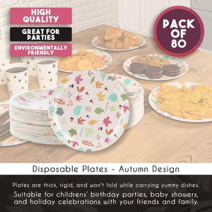 Disposable Plates - 80-Count Paper Plates, Autumn Party Supplies for Appetizer, Lunch, Dinner, and Dessert, Kids Birthdays, Fall Leaves Design, 9 x 9 Inches