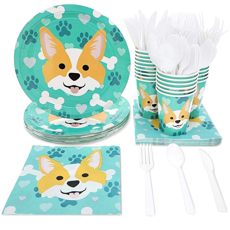 Dog Party Supplies – Serves 24 – Includes Plates, Knives, Spoons, Forks, Cups and Napkins. Perfect Birthday Party Pack for Dog Lovers Themed Parties, Corgi Pattern