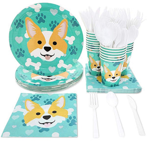 Dog Party Supplies – Serves 24 – Includes Plates, Knives, Spoons, Forks, Cups and Napkins. Perfect Birthday Party Pack for Dog Lovers Themed Parties, Corgi Pattern
