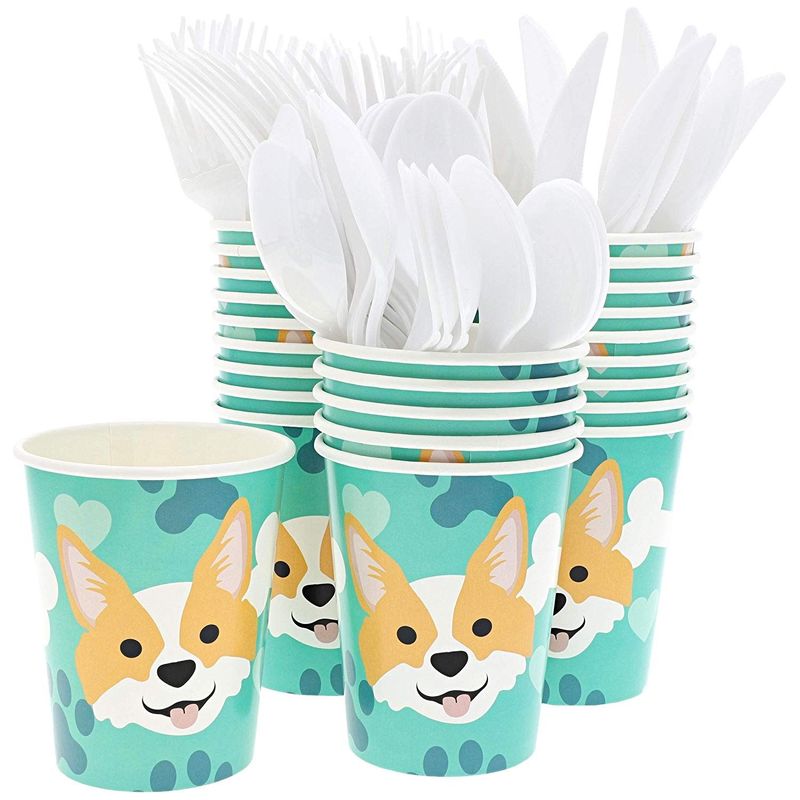 Dog Party Supplies – Serves 24 – Includes Plates, Knives, Spoons, Forks, Cups and Napkins. Perfect Birthday Party Pack for Dog Lovers Themed Parties, Corgi Pattern