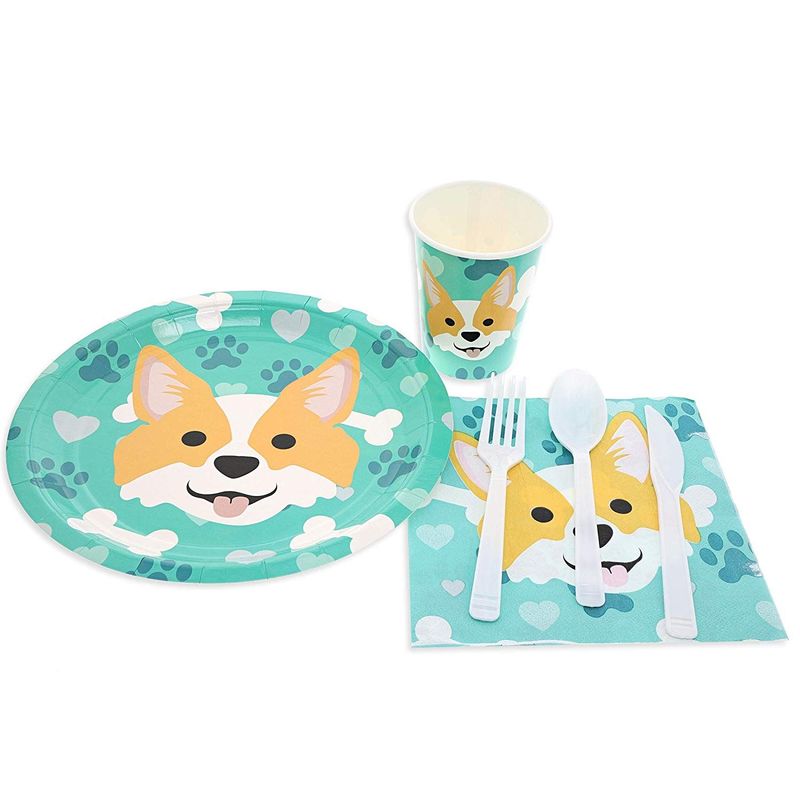 Dog Party Supplies – Serves 24 – Includes Plates, Knives, Spoons, Forks, Cups and Napkins. Perfect Birthday Party Pack for Dog Lovers Themed Parties, Corgi Pattern