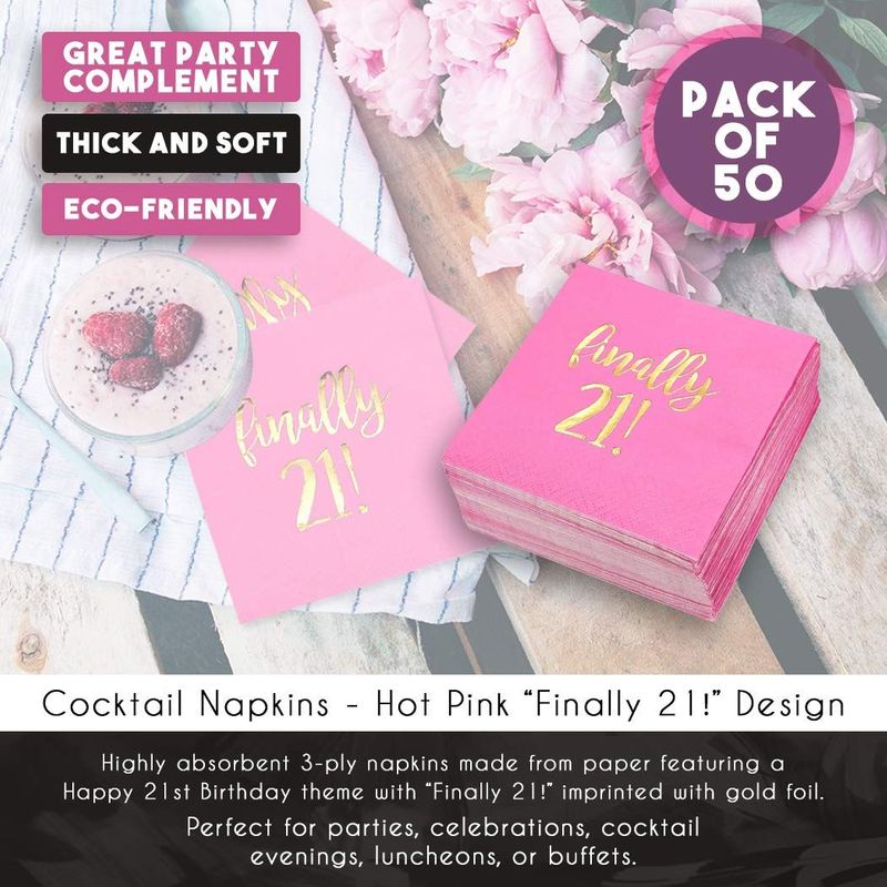 Finally 21 Party Decorations, Birthday Napkins (5 x 5 In, Hot Pink, 50 Pack)