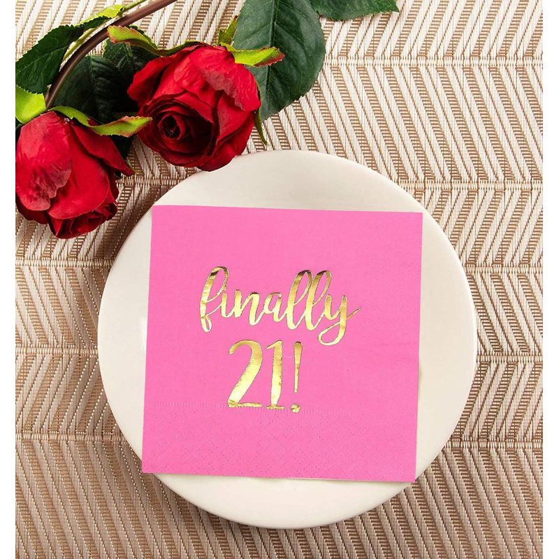 Finally 21 Party Decorations, Birthday Napkins (5 x 5 In, Hot Pink, 50 Pack)