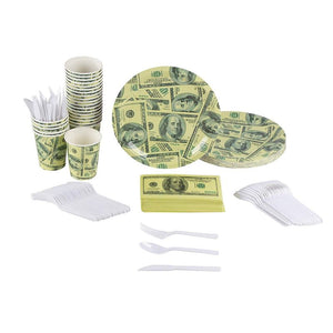 Money Party Supplies, Dinner Plates, Cutlery Set, Paper Cups, and Luncheon Napkins (Serves 24, 144 Pieces)