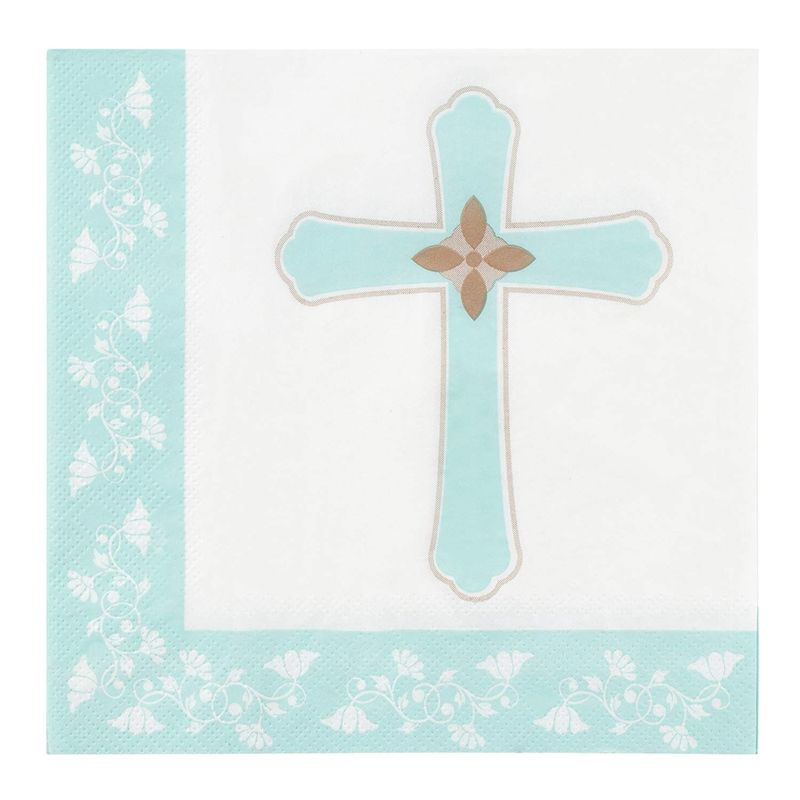 Religious Paper Napkins with Cross Design (White, Aqua, 6.5 x 6.5 In, 150 Pk)