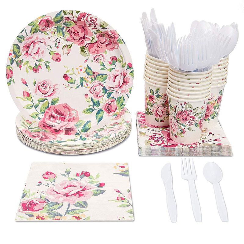 Floral Party Supplies with Paper Plates, Napkins, Cups and Plastic Cutlery (144 Pieces)