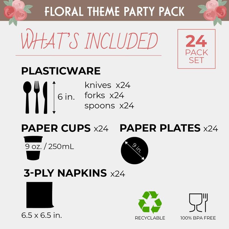 Floral Party Supplies with Paper Plates, Napkins, Cups and Plastic Cutlery (144 Pieces)