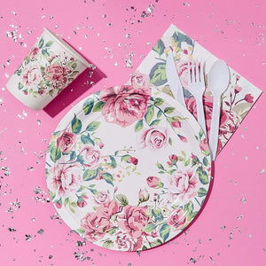 Floral Party Supplies with Paper Plates, Napkins, Cups and Plastic Cutlery (144 Pieces)