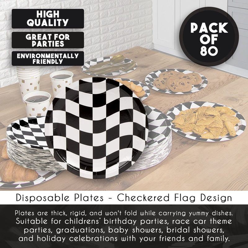 Disposable Plates - 80-Count Paper Plates, Car Racing Party Supplies for Appetizer, Lunch, Dinner, and Dessert, Birthdays, Checkered Flag Design, 9 x 9 inches