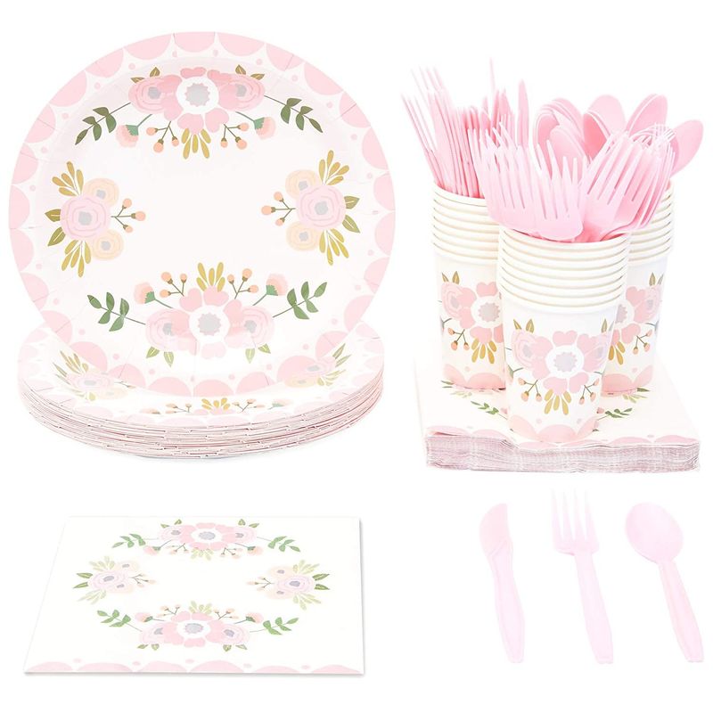 Pink Floral Party Supplies, Paper Plates, Napkins, Cups and Plastic Cutlery (Serves 24, 144 Pieces)