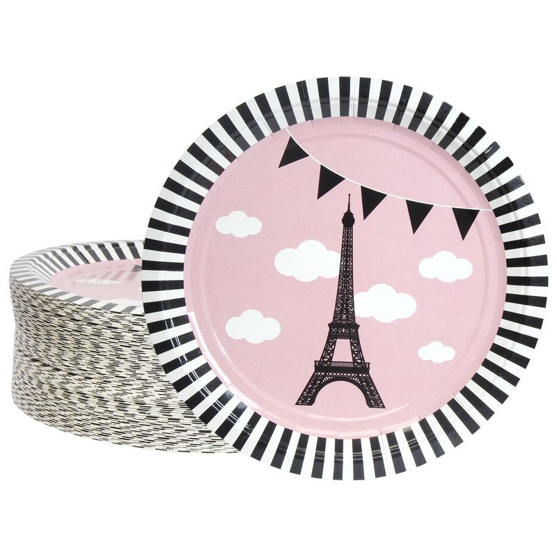 Disposable Plates - 80-Count Paper Plates, Paris or French Theme Party Supplies for Appetizer, Lunch, Dinner, and Dessert, Birthdays, Bridal Showers, Eiffel Tower Design, 9 Inches in Diameter