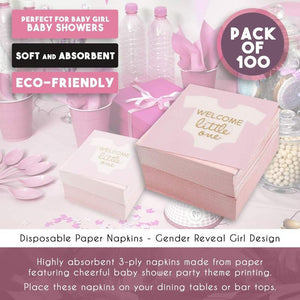 Girl Baby Shower Party Supplies, Paper Napkins (5 x 5 in, Pink, 100-Pack)