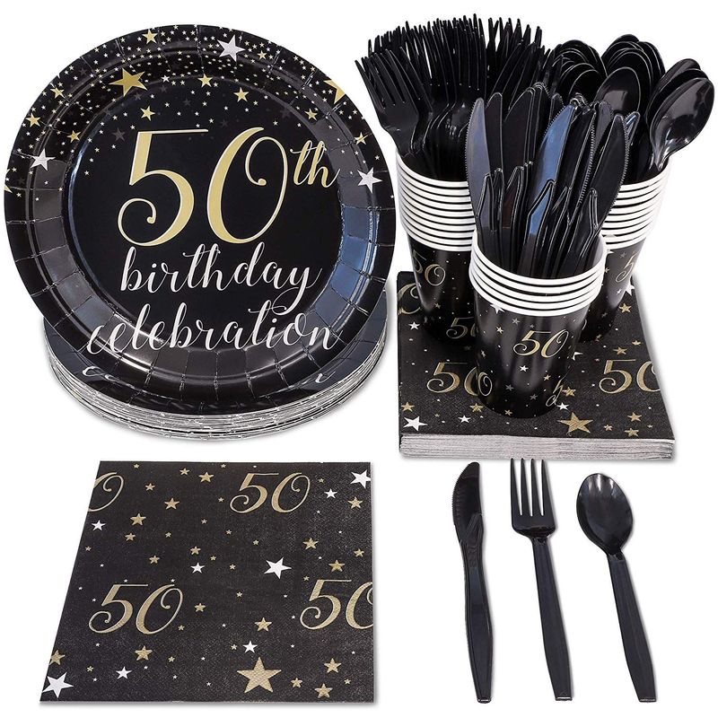 144 Pieces 50th Birthday Party Bundle, Includes Plates, Napkins, Cups, and Cutlery (24 Guests)