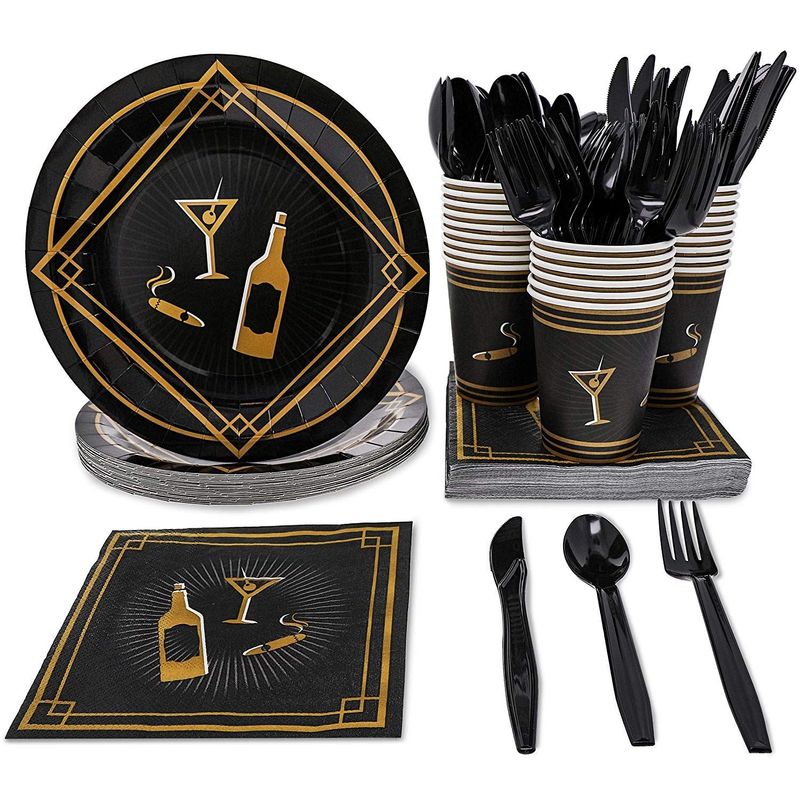 1920s Party Supplies – Serves 24 – Includes Plates, Knives, Spoons, Forks, Cups and Napkins Perfect for Roaring 20s Themed Birthdays