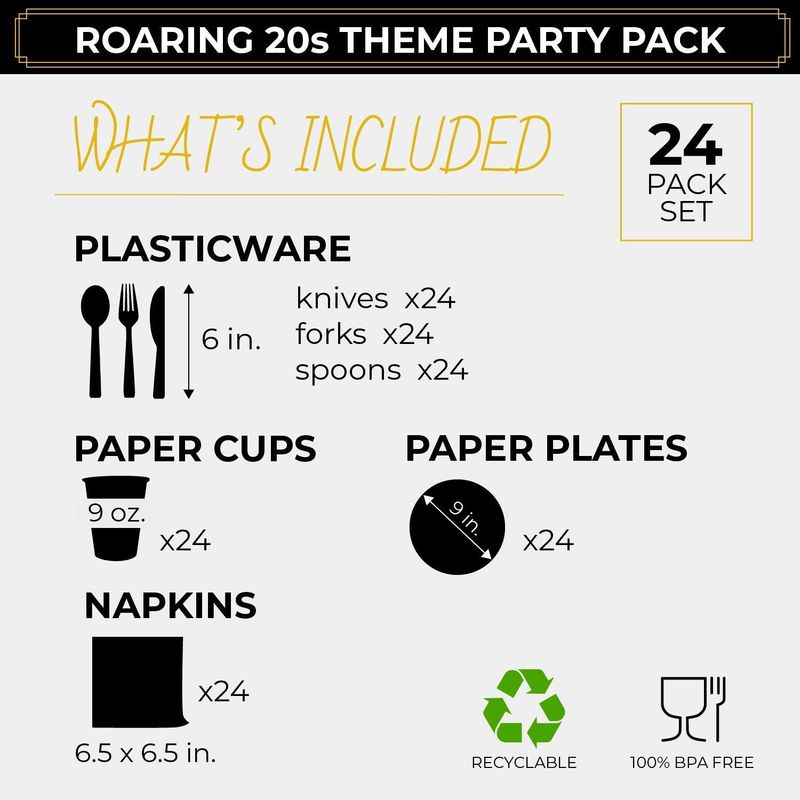 1920s Party Supplies – Serves 24 – Includes Plates, Knives, Spoons, Forks, Cups and Napkins Perfect for Roaring 20s Themed Birthdays