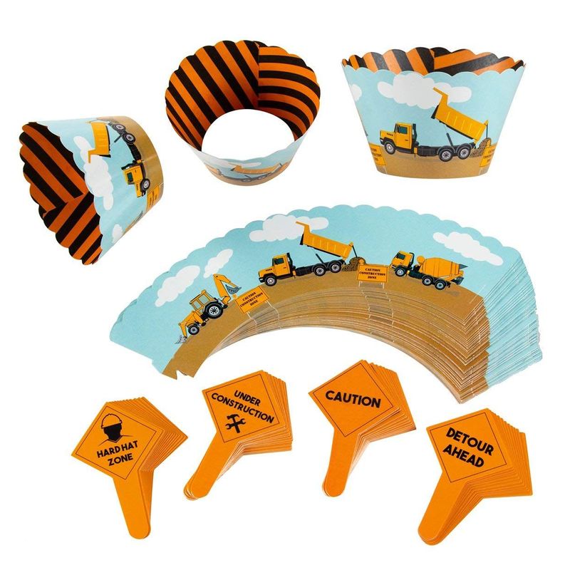 Juvale 100-Piece Construction Zone Cupcake Toppers and Wrapper Liners for Kids Birthday Party Supplies