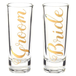 Party Shot Glasses - Bride Groom Couple Shot Glasses with Gold Foil Print for Newlyweds, Anniversary, Bridal Shower, and Engagement - Set of 2, 2 oz Each