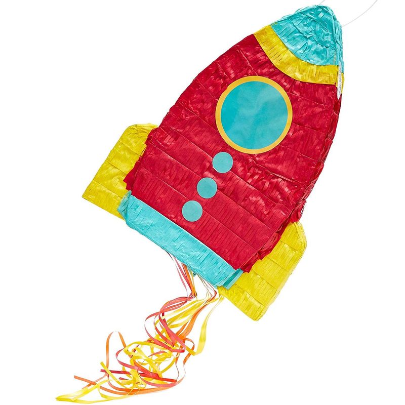 Blue Panda Rocket Ship Pinata for Space Birthday Party Supplies (16.5 x 12.5 x 3 In)