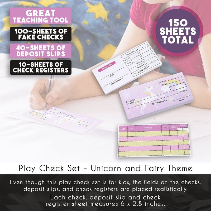 Blue Panda Kids Checkbook Set - Play Check Educational Toy - Financial Literacy for Kids, Unicorn and Fairy Theme, Including Checkbook, Deposit Slip, Check Register, 150 Sheets in Total