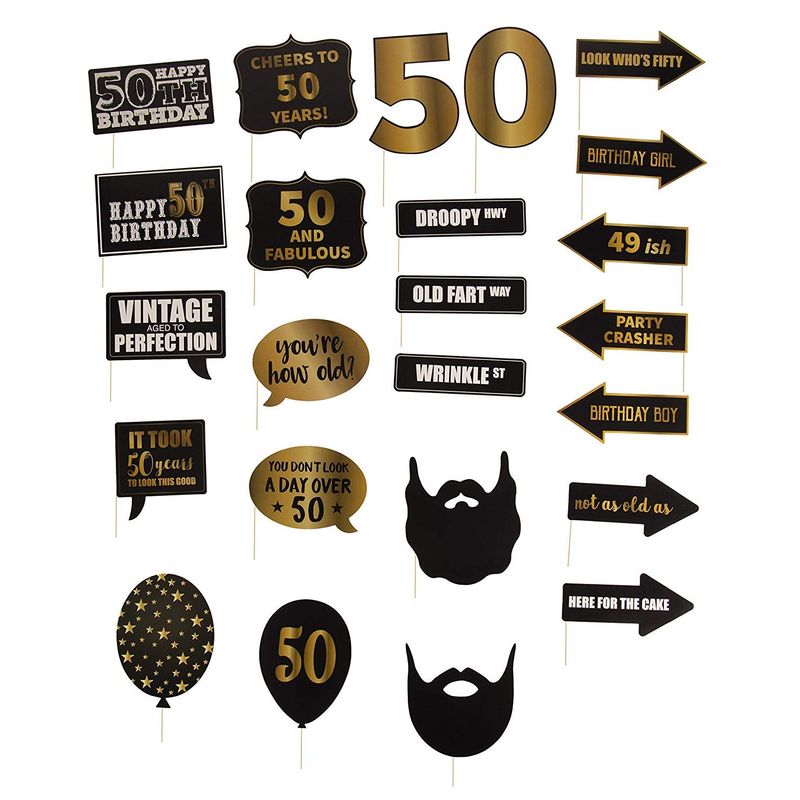 50th Birthday Photo Booth Props - 60-Pack Birthday Party Supplies, Selfie Props, Party Favors for Cocktail Parties, Black and Gold