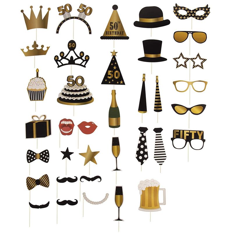 50th Birthday Photo Booth Props - 60-Pack Birthday Party Supplies, Selfie Props, Party Favors for Cocktail Parties, Black and Gold