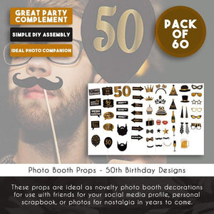 50th Birthday Photo Booth Props - 60-Pack Birthday Party Supplies, Selfie Props, Party Favors for Cocktail Parties, Black and Gold
