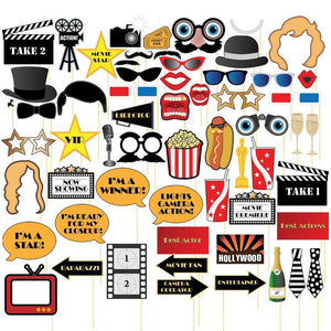 Movie Night Photo-Booth Props – 60-Pack Hollywood Party Selfie Photo Props Accessories, Birthday Party Supplies on Bamboo Sticks, Assorted Designs