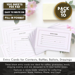 1000 Entry Forms - 10 Pads with 100 Sheets Per Pad - Entry Cards for Contests, Raffles, Ballots, Drawings, 6.2 x 3.7 Inches