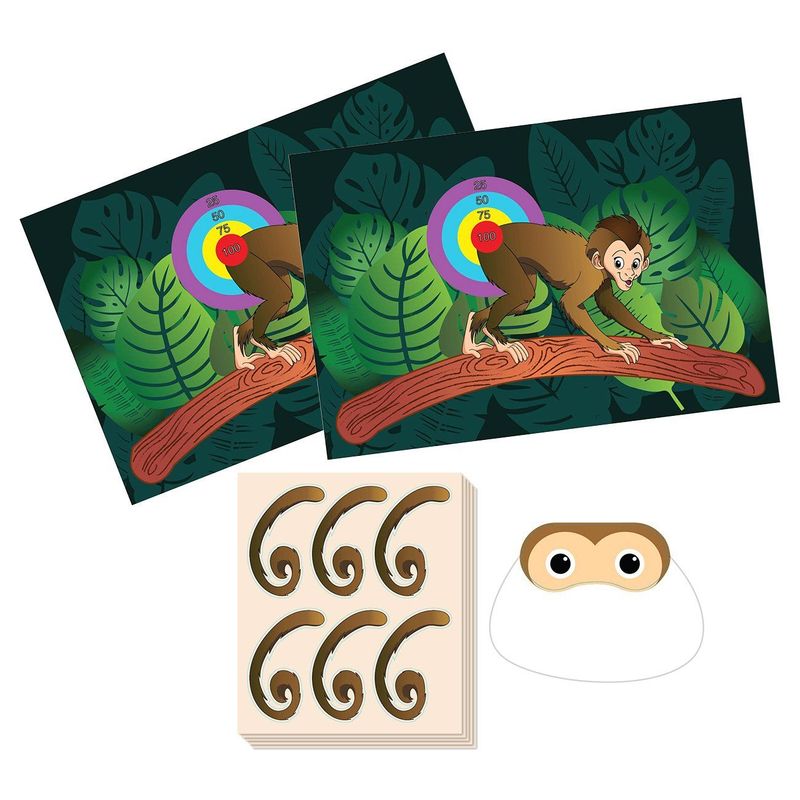 Pin The Tail on The Monkey Birthday Game - Jungle Theme Party Supplies, Zoo Party Favors, Fun for All Ages, 2 Game Posters, 1 Blindfold Mask, 5 Sheets, 30 Tail Stickers