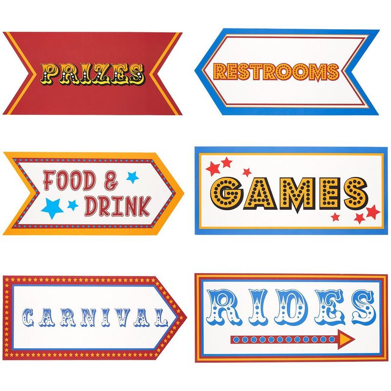 Carnival Party Supplies - 6-Pack Word Cutouts Signs for Theme Party Decorations, Kids Birthday Party Favors on 350 GSM Cardstock Paper, 17.5 x 8 Inches