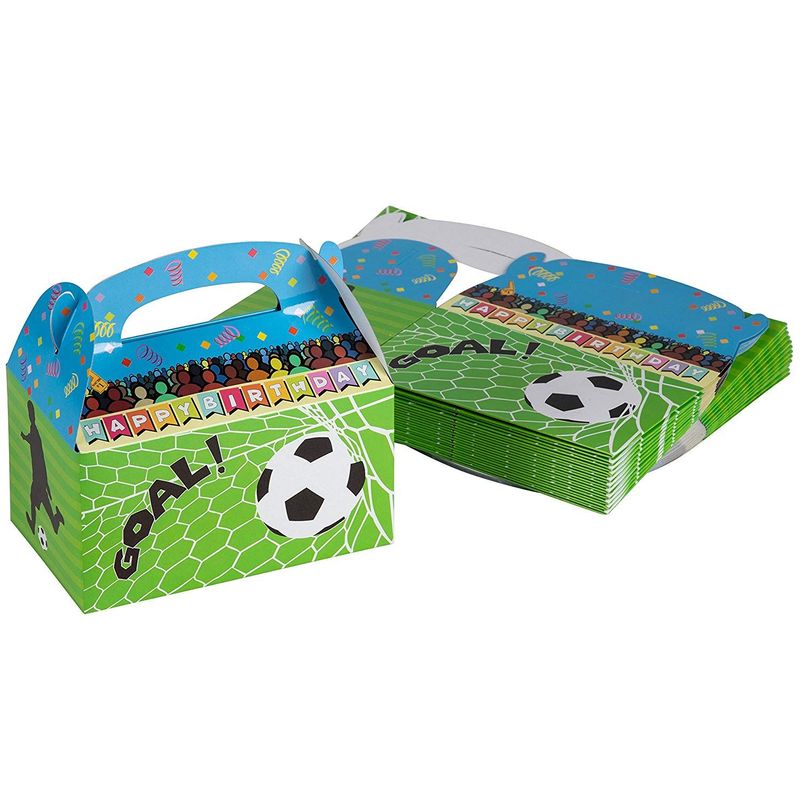 Treat Boxes - 24-Pack Paper Party Favor Boxes, Soccer Design Goodie Boxes for Birthdays and Events, 2 Dozen Party Gable Boxes, 6 x 3.3 x 3.6 inches
