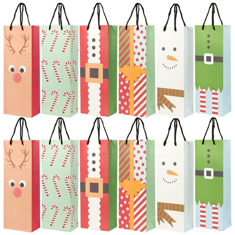 Wine Bottle Gift Bags for Christmas, 6 Cute Designs (5.5 x 15 x 3.2 In, 24 Pack)