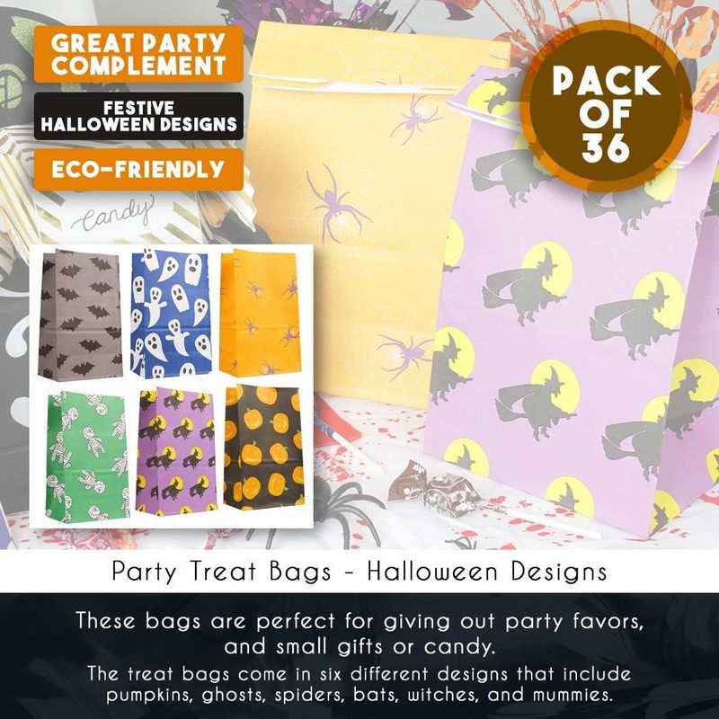 36-Pack Halloween Party Treat Bags - Paper Goodie Bags - 6 Different Designs, 5.1 x 8.75 x 3.25 Inches