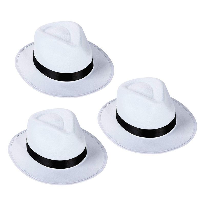 Blue Panda 3-Pack Classic White Felt Fedora Hats, 20s Gangster Halloween Costume, 1920's Roaring Great Gatsby Themed Party Accessory