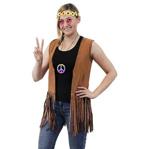 60s 70s Hippie Costume Accessories - 5-Set Vest Headband Glasses Pouch Necklace, Women Size S Brown