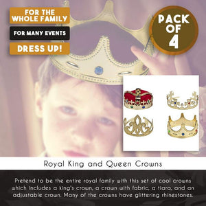 Gold Crown - 4-Pack Royal King and Queen Jeweled Costume Accessories, Party Hat
