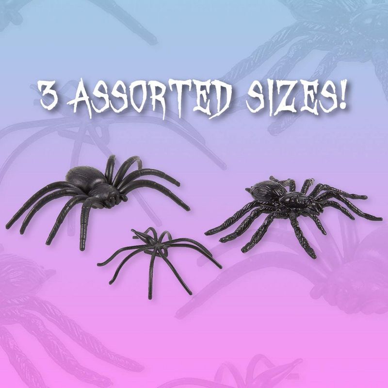 102-Pack Assorted Plastic Spiders - The Ultimate Scary Halloween Party Decoration, Goodie Bag Favors, Trick or Treat Prank Toys, Black, 3 Sizes