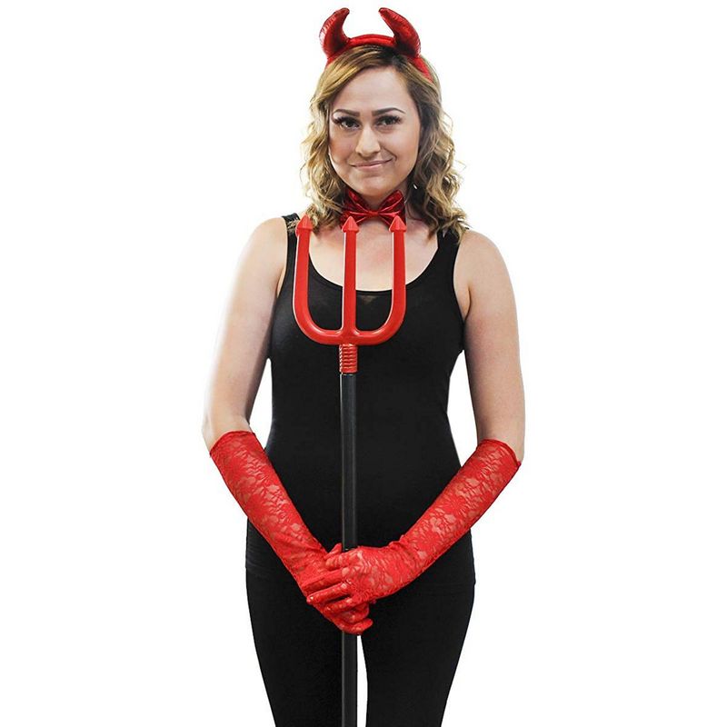 Halloween Red Devil Costume Accessory - 5-Set Lace Gloves, Tail, Bow Tie, Headband, Pitchfork