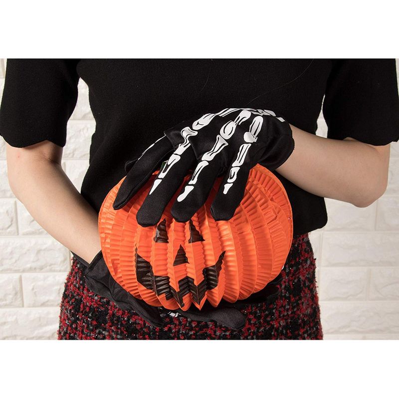 Halloween Skeleton Hand Gloves - 4-Pair Finger Bone Print Costume Accessory, Men Women Teen Black