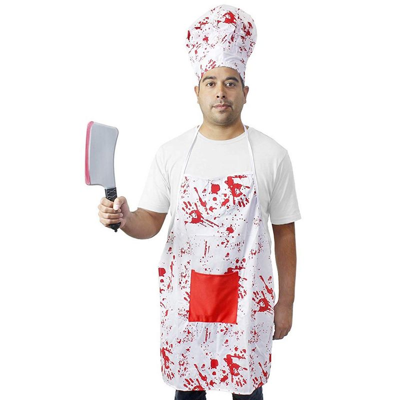 Halloween Bloody Butcher Costume - 3-Set Killer Dress Up, Apron Chef Hat Fake Cleaver, Unisex White